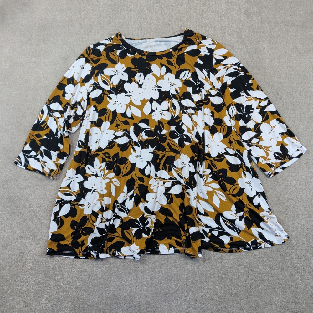Jessica London Size 22/24 Floral Tunic Top Mustard Yellow 3/4 Sleeve A-Line Boho